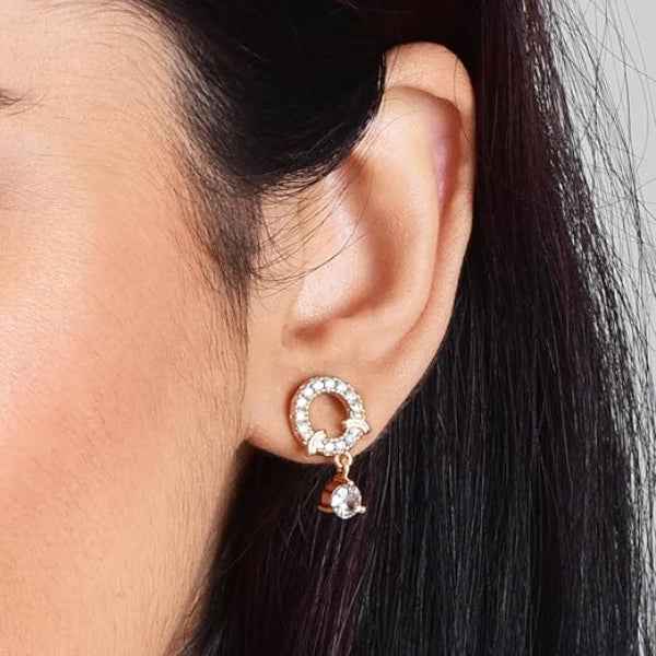 Gold Halo Dangles | Dainty Crystal Drop Round Solitaire Earrings