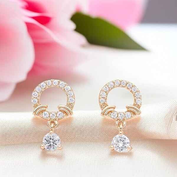Gold Halo Dangles | Dainty Crystal Drop Round Solitaire Earrings