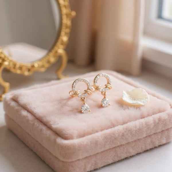 Gold Halo Dangles | Dainty Crystal Drop Round Solitaire Earrings
