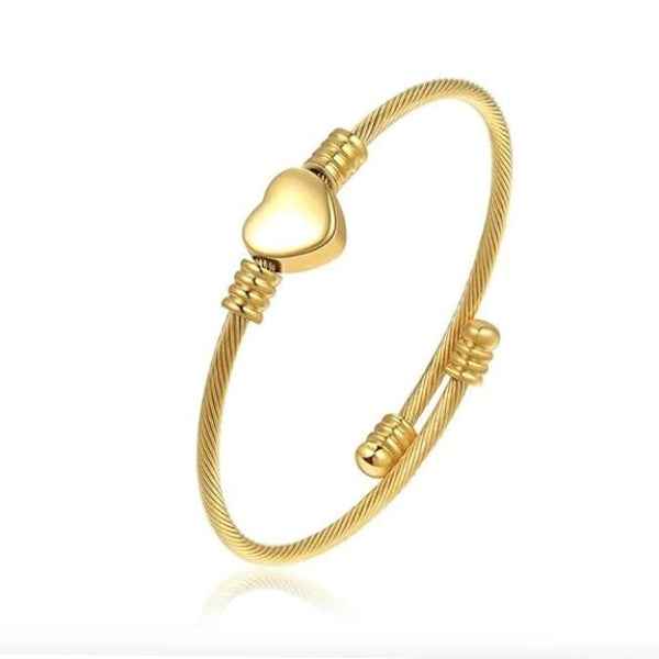 Gold Heart Bangle - 18K Gold Plated Heart Cuff & Luxury Twisted Wire