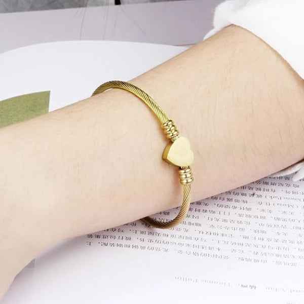 Gold Heart Bangle - 18K Gold Plated Heart Cuff & Luxury Twisted Wire