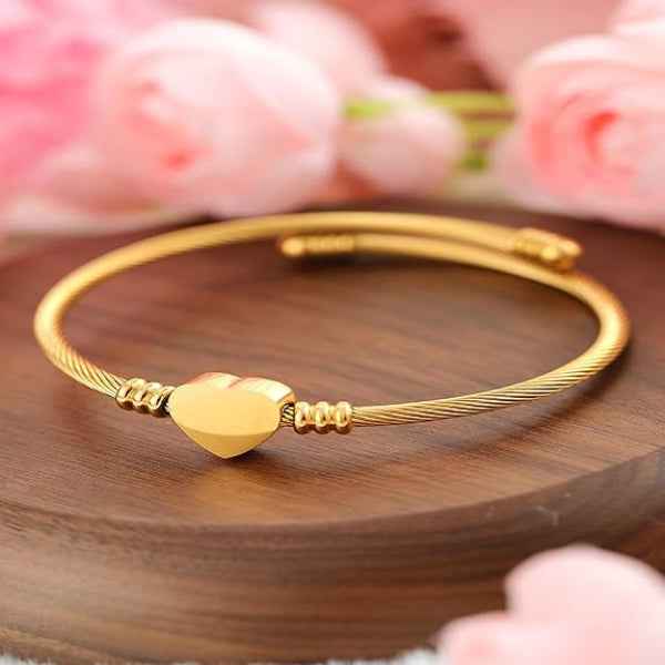 Gold Heart Bangle - 18K Gold Plated Heart Cuff & Luxury Twisted Wire