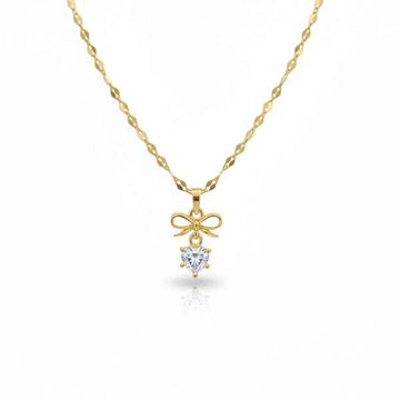 Gold Heart Bow Necklace | Dainty Crystal Ribbon Charm Petit Jewelry