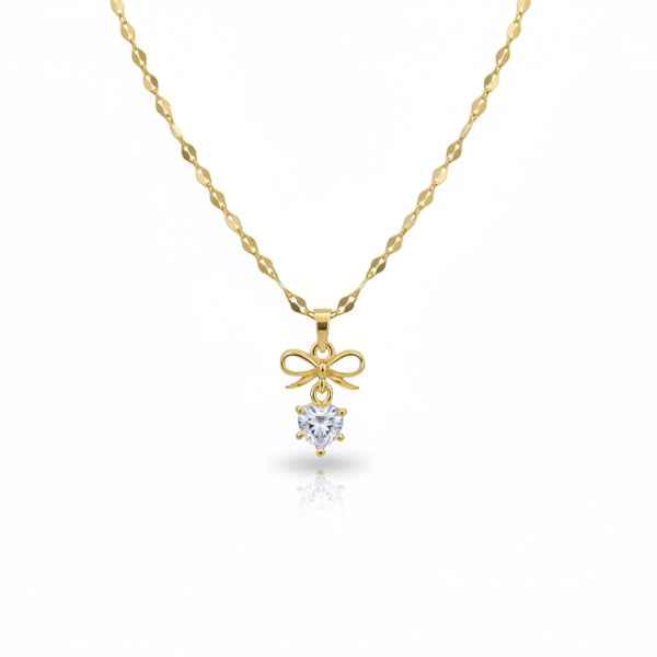 Gold Heart Bow Necklace | Dainty Crystal Ribbon Charm Petit Jewelry