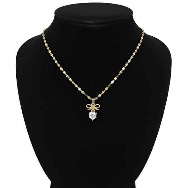 Gold Heart Bow Necklace | Dainty Crystal Ribbon Charm Petit Jewelry