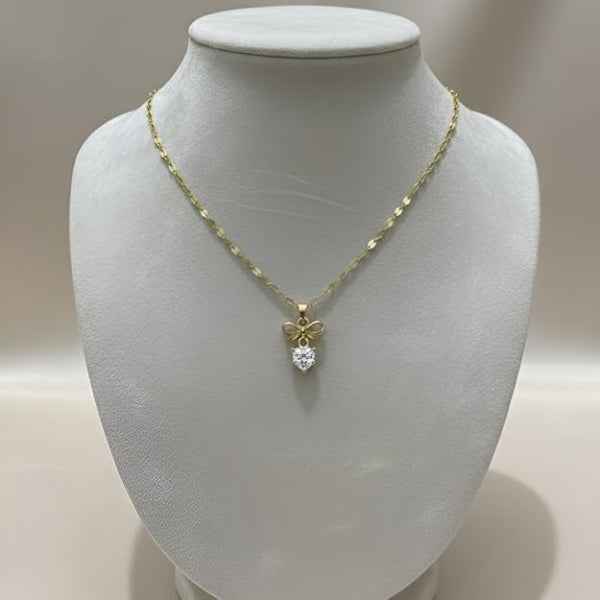 Gold Heart Bow Necklace | Dainty Crystal Ribbon Charm Petit Jewelry