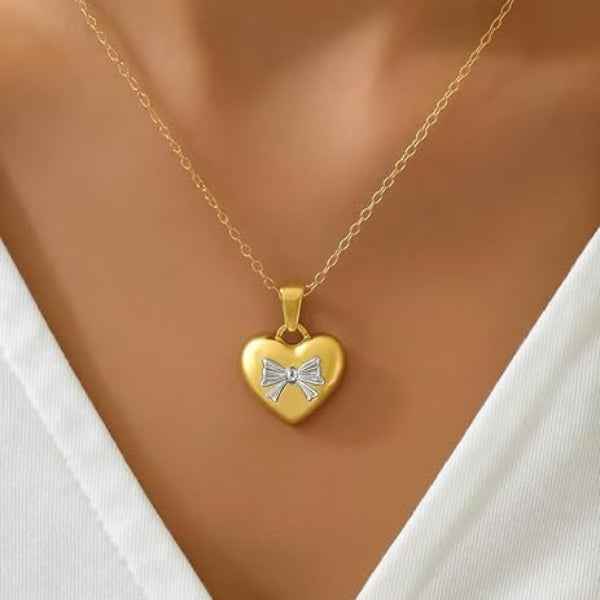 Gold Heart Bow Necklace – Dainty Two-Tone Love Ribbon Pendant