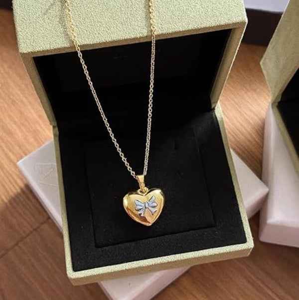 Gold Heart Bow Necklace – Dainty Two-Tone Love Ribbon Pendant