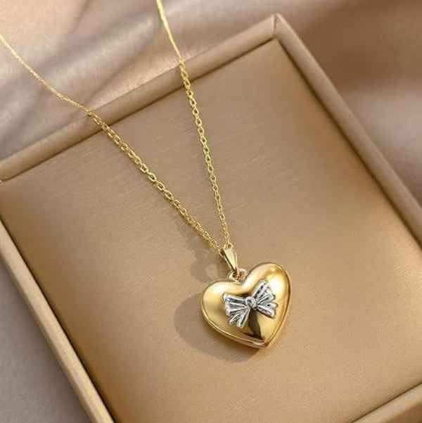 Gold Heart Bow Necklace – Dainty Two-Tone Love Ribbon Pendant