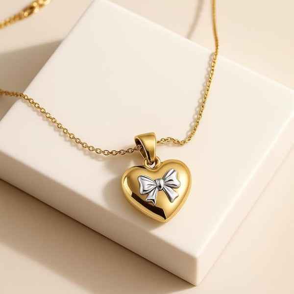 Gold Heart Bow Necklace – Dainty Two-Tone Love Ribbon Pendant