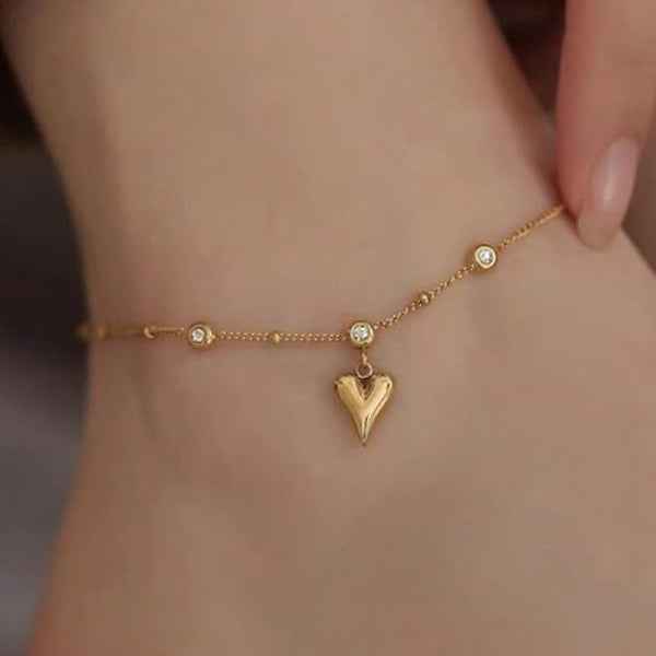 Dainty Gold Heart Charm Anklet - Sparkling Beaded Foot Jewelry Gift