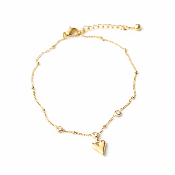 Dainty Gold Plated Heart Charm Anklet - Sparkling Beaded Foot Jewelry Gift