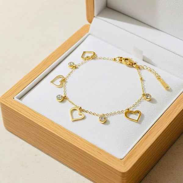 Gold Heart Charm Bracelet - Luxury Heart Link & Crystal Chain Jewelry