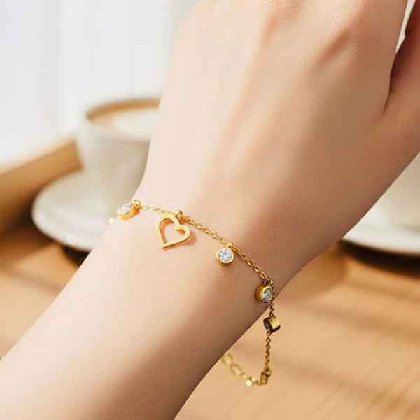Gold Heart Charm Bracelet - Luxury Heart Link & Crystal Chain Jewelry