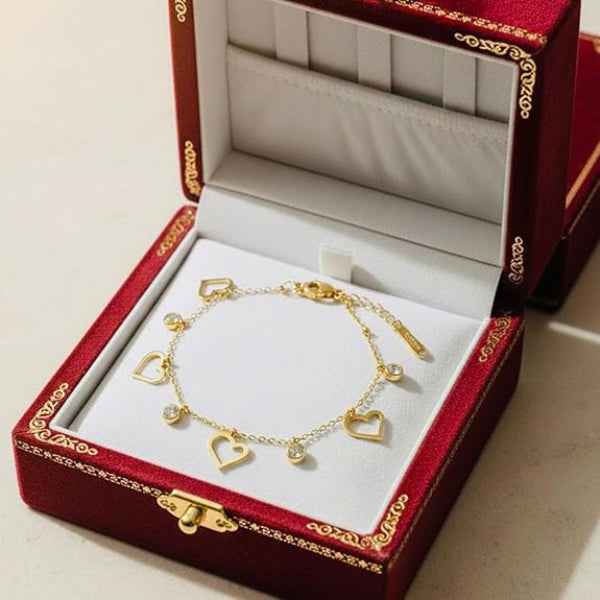 Gold Heart Charm Bracelet - Luxury Heart Link & Crystal Chain Jewelry