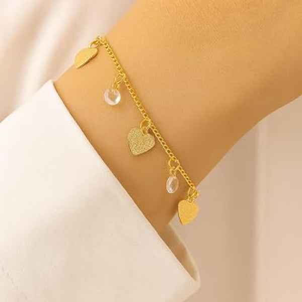 Luxurious Gold Heart Charm Bracelet | Radiant Textured Dangle Jewelry