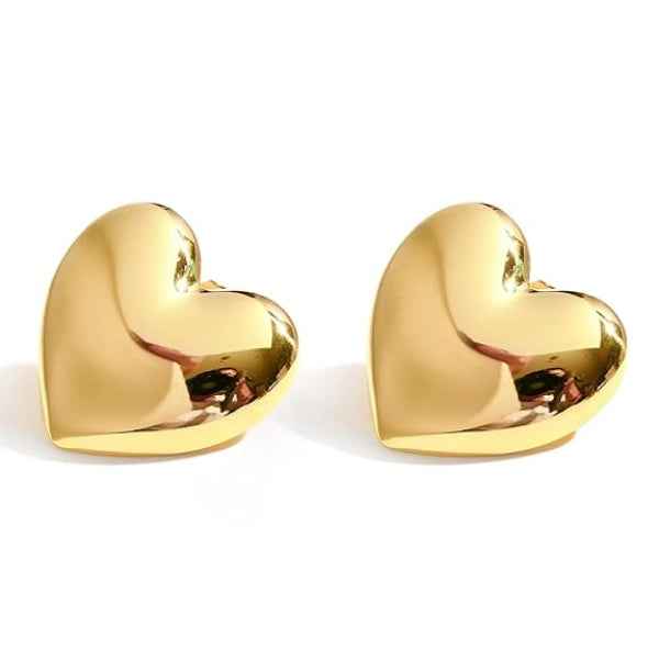 Gold Heart Earrings - Chunky Stud Jewelry & Polished Puff Heart Studs
