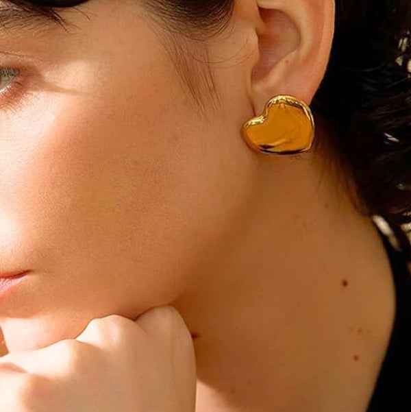 Gold Heart Earrings - Chunky Stud Jewelry & Polished Puff Heart Studs