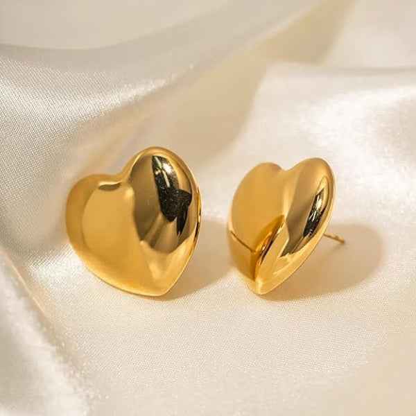 Gold Heart Earrings - Chunky Stud Jewelry & Polished Puff Heart Studs