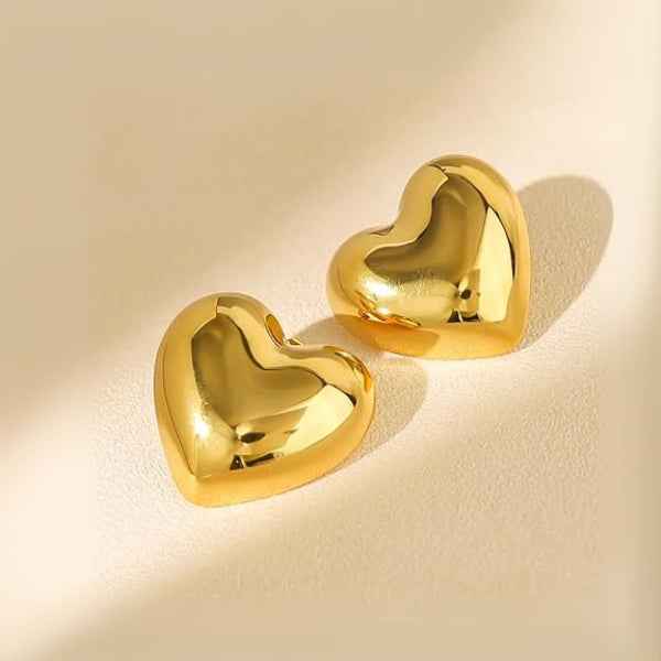 Gold Heart Earrings - Chunky Stud Jewelry & Polished Puff Heart Studs