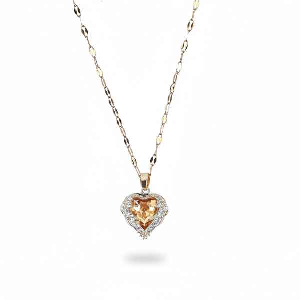 14K Gold Heart Citrine Necklace – Radiant Crystal Angel Wing Pendant