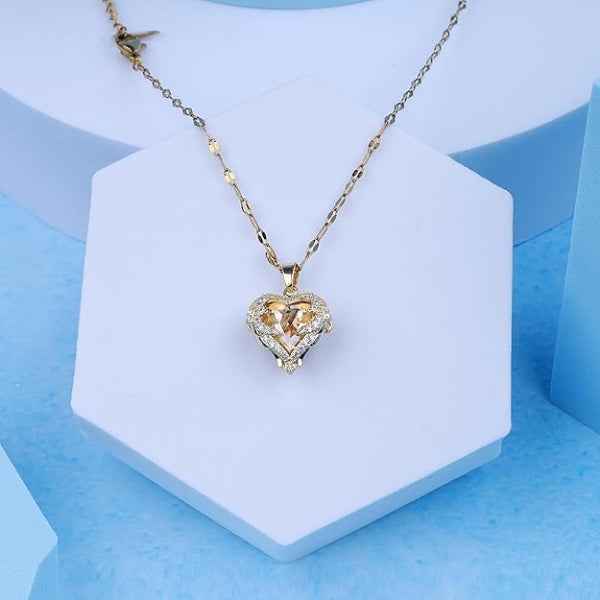 14K Gold Heart Citrine Necklace – Radiant Crystal Angel Wing Pendant