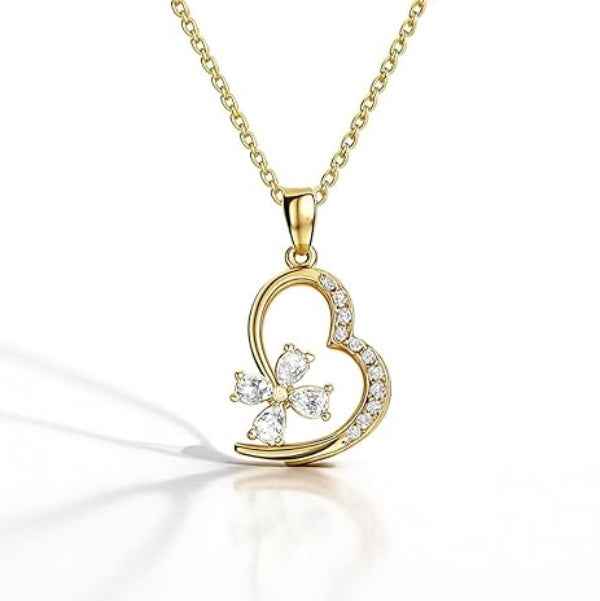 Gold Heart Floral Necklace | Dainty Crystal Flower Charm Jewelry