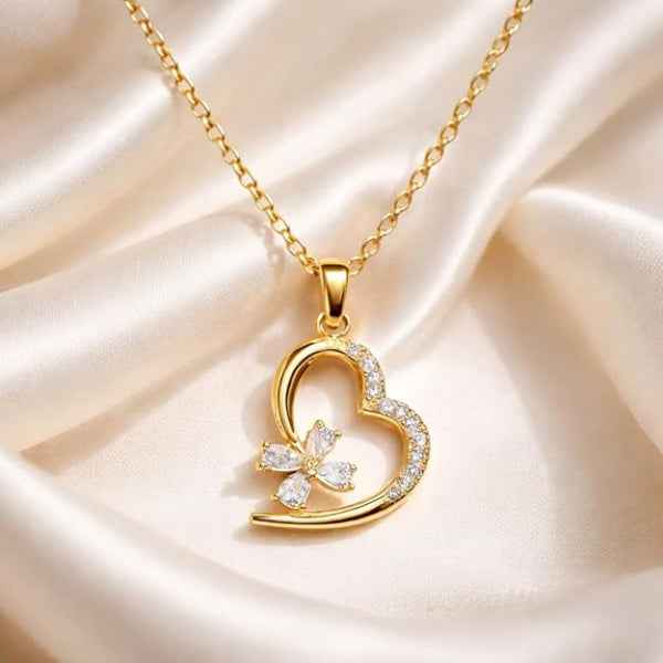 Gold Heart Floral Necklace | Dainty Crystal Flower Charm Jewelry