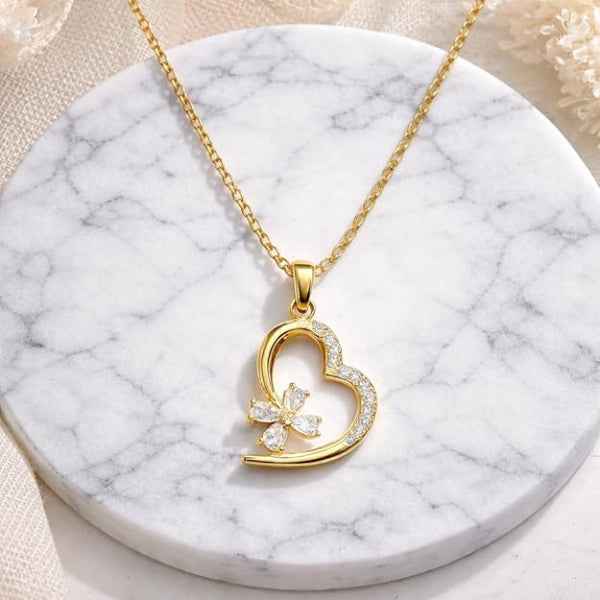 Gold Heart Floral Necklace | Dainty Crystal Flower Charm Jewelry