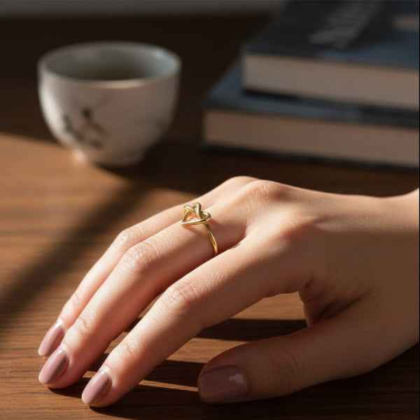 Gold Heart Knot Ring - Shimmering Dainty Adjustable Promise Ring