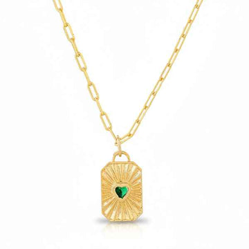 Gold Heart Locket Necklace | Paperclip Chain Emerald Crystal Jewelry