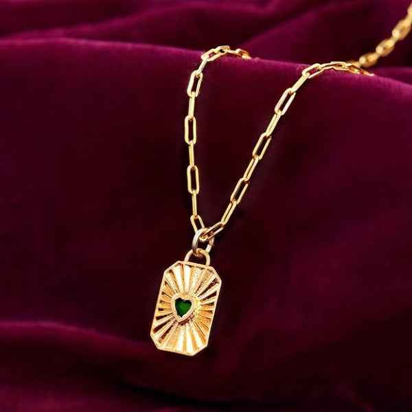 Gold Heart Locket Necklace | Paperclip Chain Emerald Crystal Jewelry