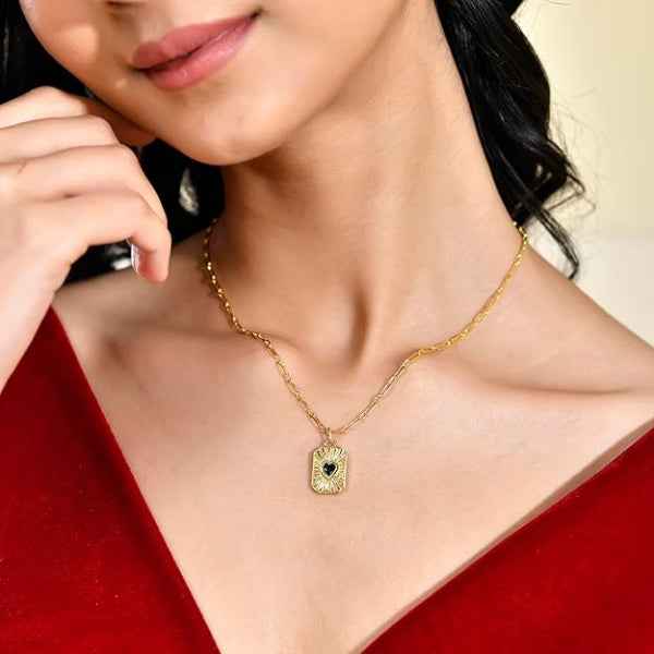 Gold Heart Locket Necklace | Paperclip Chain Emerald Crystal Jewelry