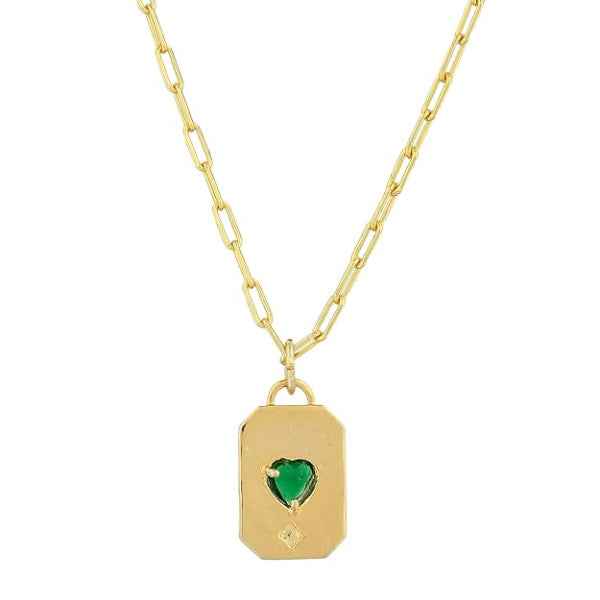 Gold Heart Locket Necklace | Paperclip Chain Emerald Crystal Jewelry