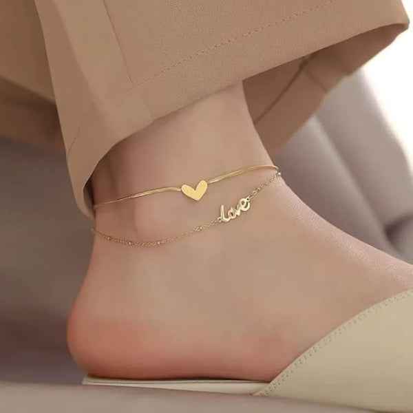 Dainty Gold Heart Love Anklet - Sparkling Double Layer Foot Jewelry