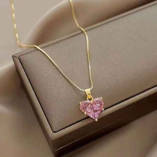 Gold Heart Necklace | Pink Crystal Pendant 14K Vermeil Gift for Her