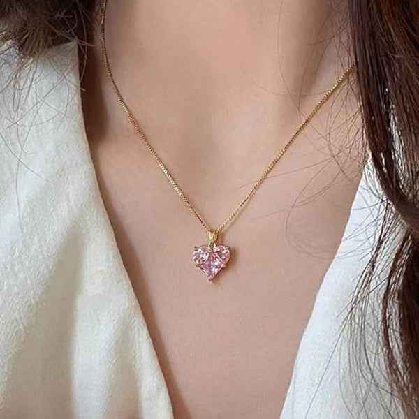 Gold Heart Necklace | Pink Crystal Pendant 14K Vermeil Gift for Her