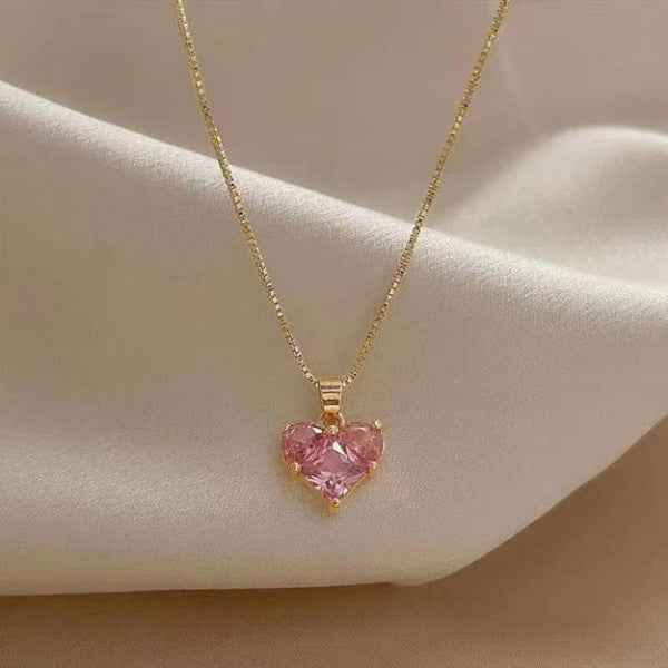Gold Heart Necklace | Pink Crystal Pendant 14K Vermeil Gift for Her