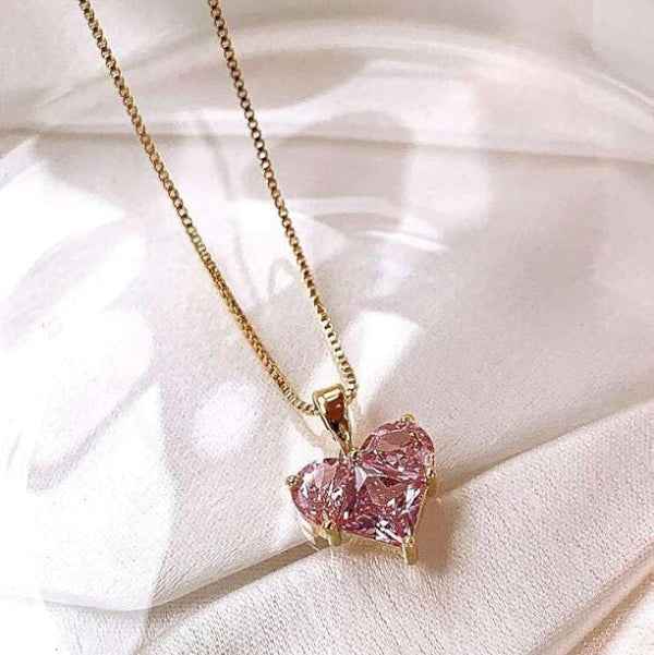 Gold Heart Necklace | Pink Crystal Pendant 14K Vermeil Gift for Her