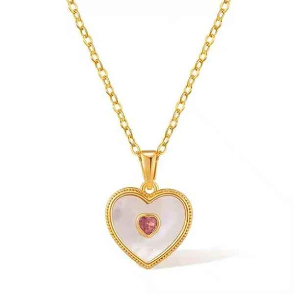 Gold Heart Necklace - Mother of Pearl & Pink Crystal Pendant Jewelry