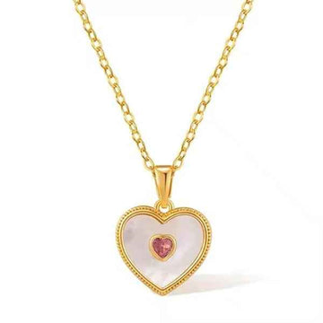 Gold Heart Necklace - Mother of Pearl & Pink Crystal Pendant Jewelry