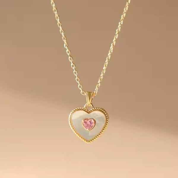 Gold Heart Necklace - Mother of Pearl & Pink Crystal Pendant Jewelry