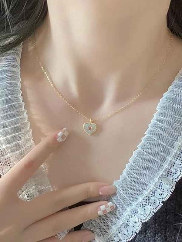 Gold Heart Necklace - Mother of Pearl & Pink Crystal Pendant Jewelry