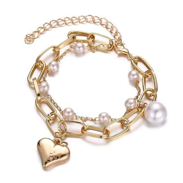 Exquisite Gold Heart Pearl Bracelet | Chic Layered LOVE Jewelry