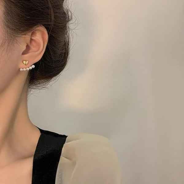 Gold Heart Pearls | Dainty Minimalist Front Back Ear Jacket Jewelry