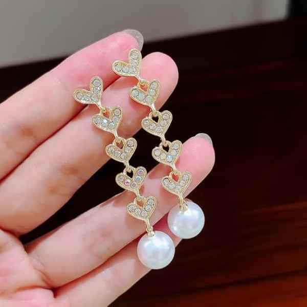 Gold Heart Pearl Earrings | Dainty Crystal Drop Sophisticated Jewelry
