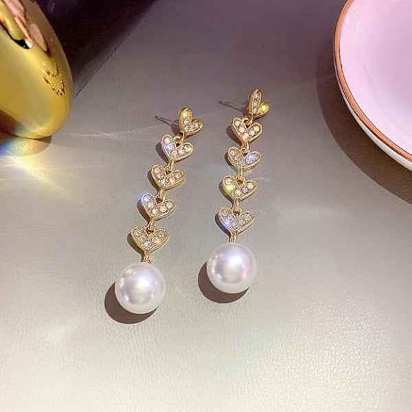 Gold Heart Pearl Earrings | Dainty Crystal Drop Sophisticated Jewelry