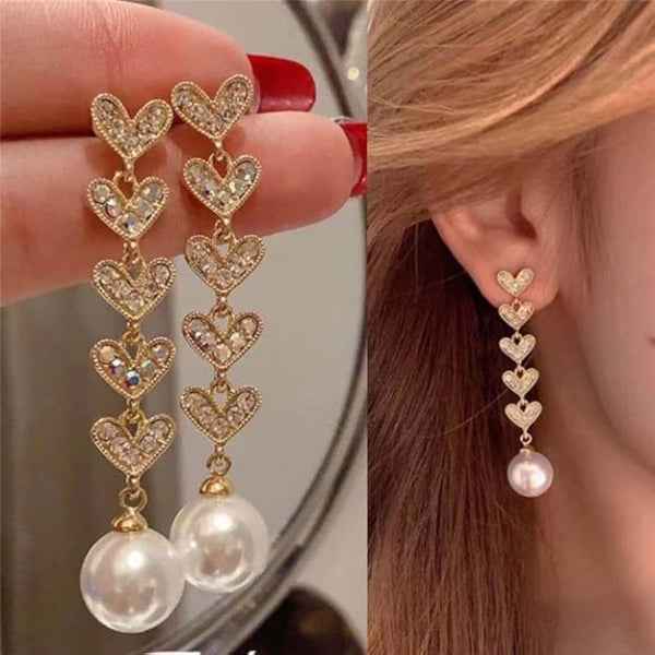 Gold Heart Pearl Earrings | Dainty Crystal Drop Sophisticated Jewelry
