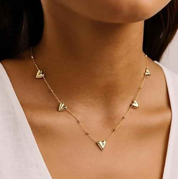 Gold Heart Necklace - Dainty Charm Jewelry & Heart Station Necklace