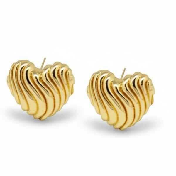 Gold Heart Studs - Fluted Metal Earrings & Chunky Heart Jewelry